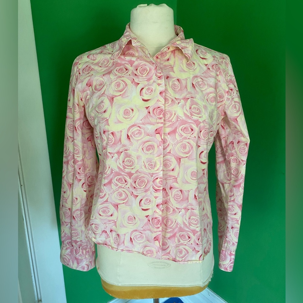 Vintage 90s 2000s Agnes B Paris Pink Rose Print Button-Up Blouse made in France